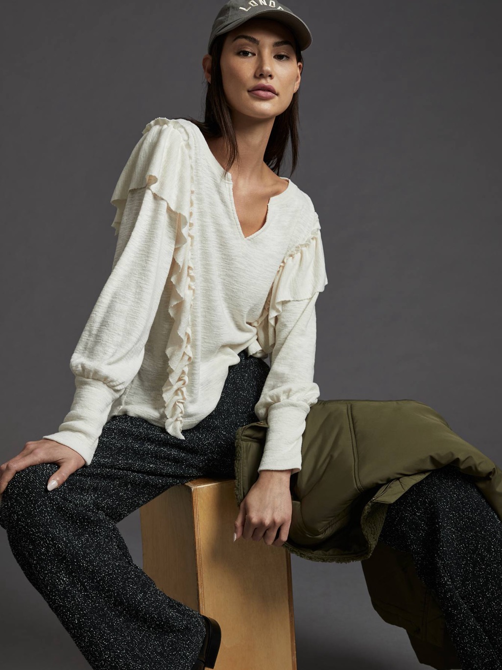 Pilcro Anthropologie Cozy Popover Knit Top Ruffled Ivory Boho Size M